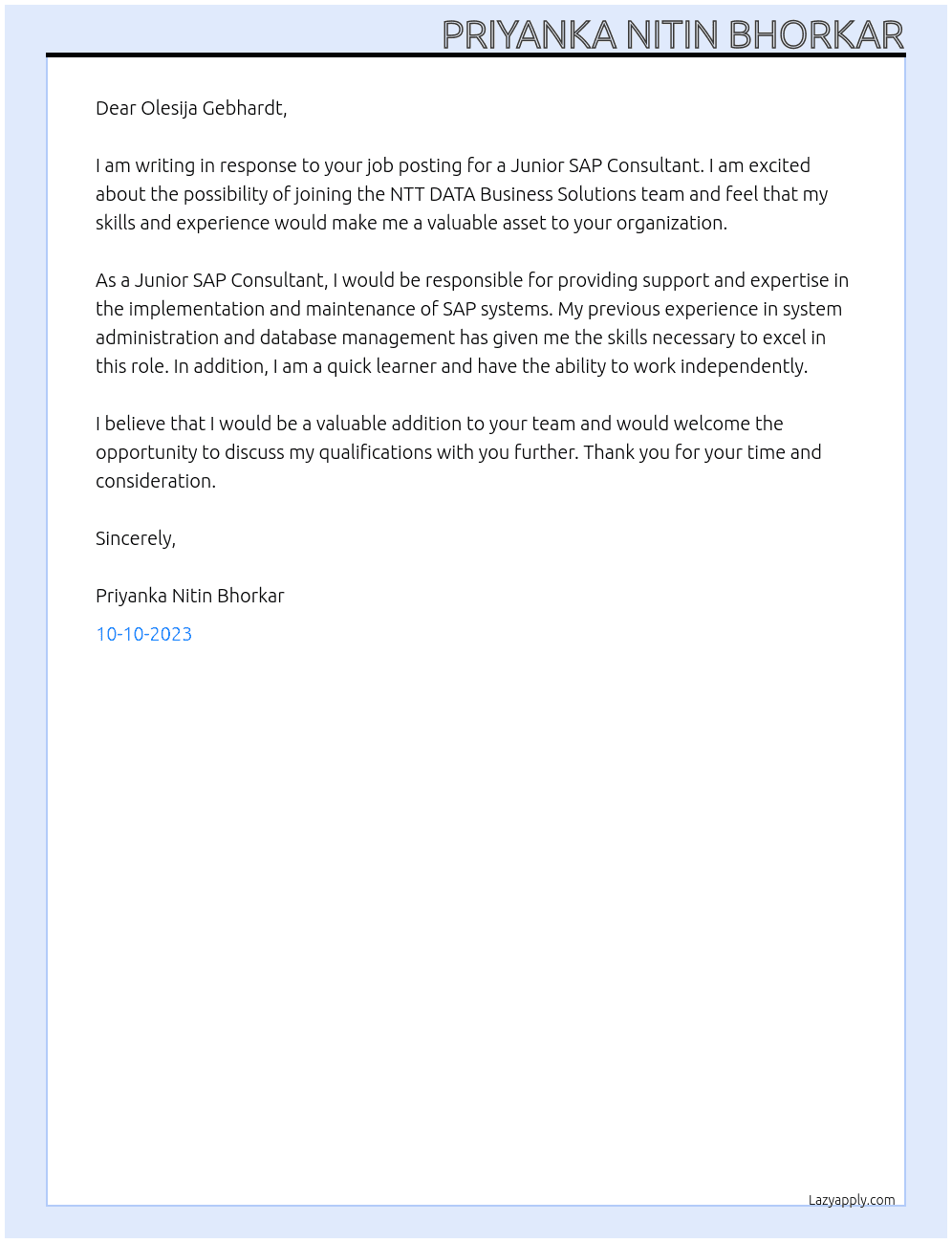 Junior SAP Consultant At NTT DATA Business Solutions Cover Letter