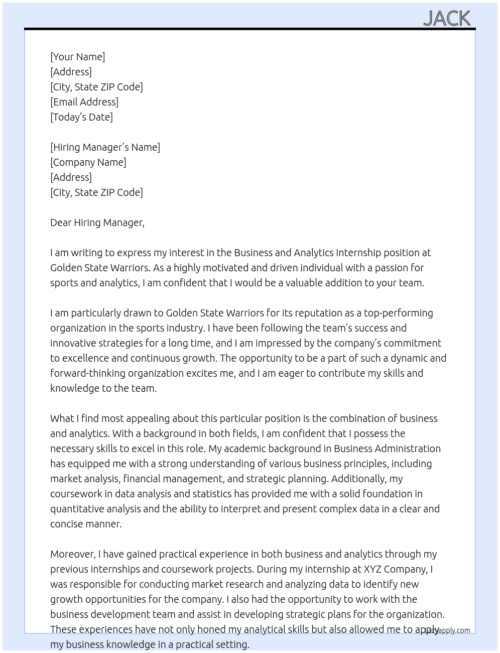 Business and Analytics Internship At Golden State Warriors Cover Letter