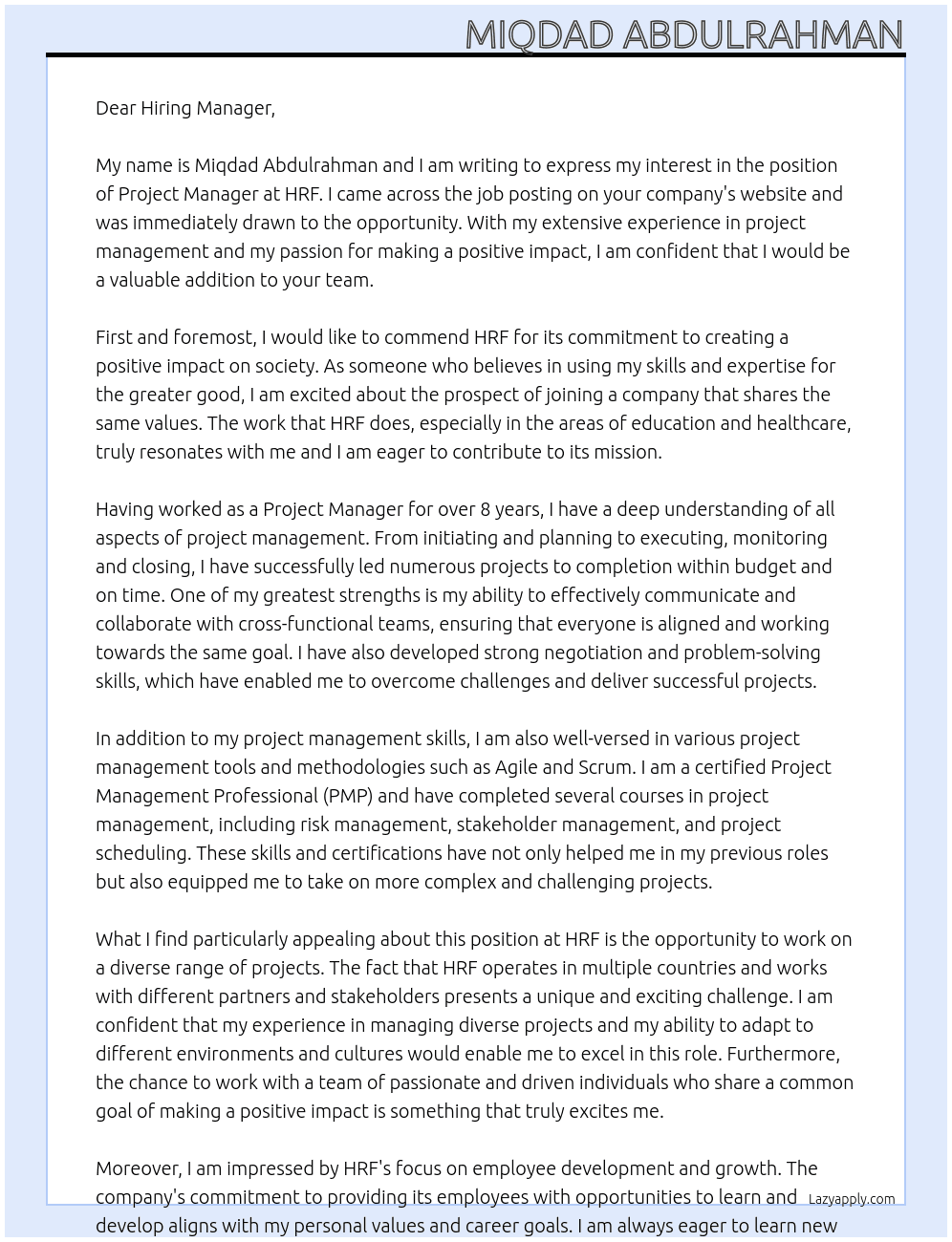 Project manager At HRF Cover Letter