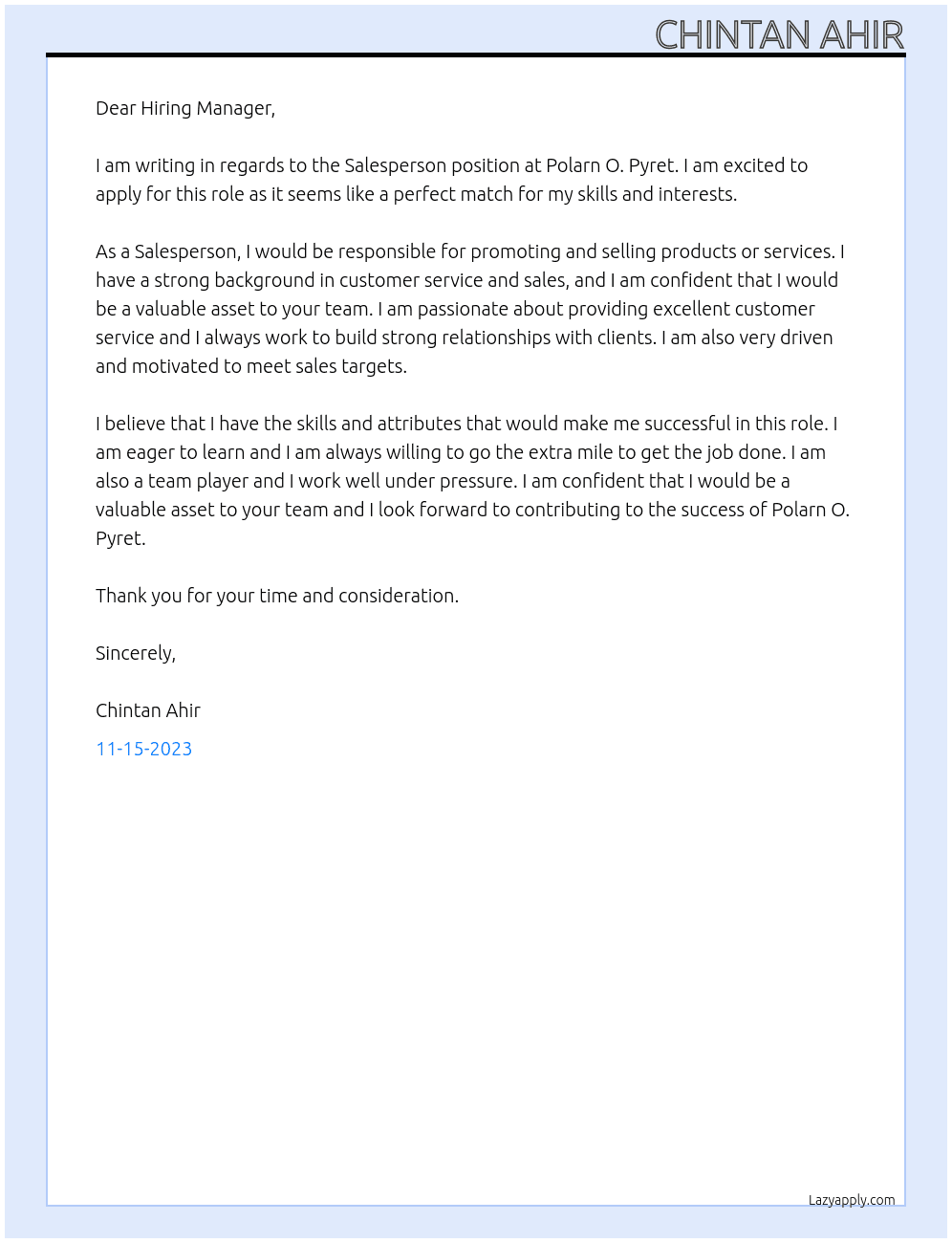 Salesperson  At Polarn O. Pyret Cover Letter