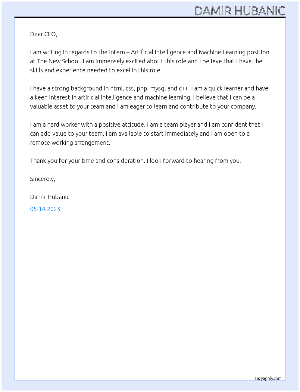  Intern – Artificial Intelligence and Machine Learning. At  The New School Cover Letter
