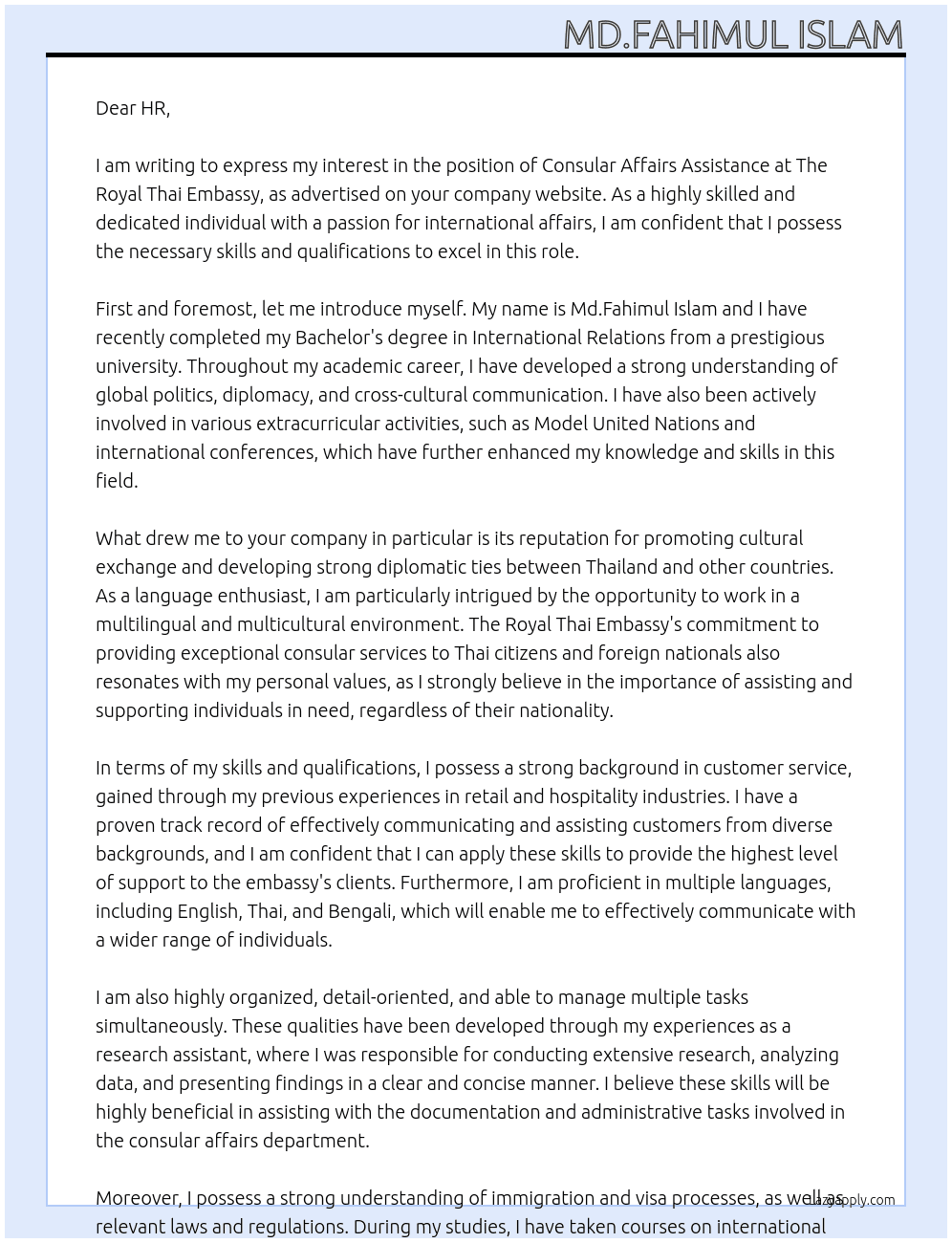 Consular affairs assistance At The Royal Thai Embassy Cover Letter