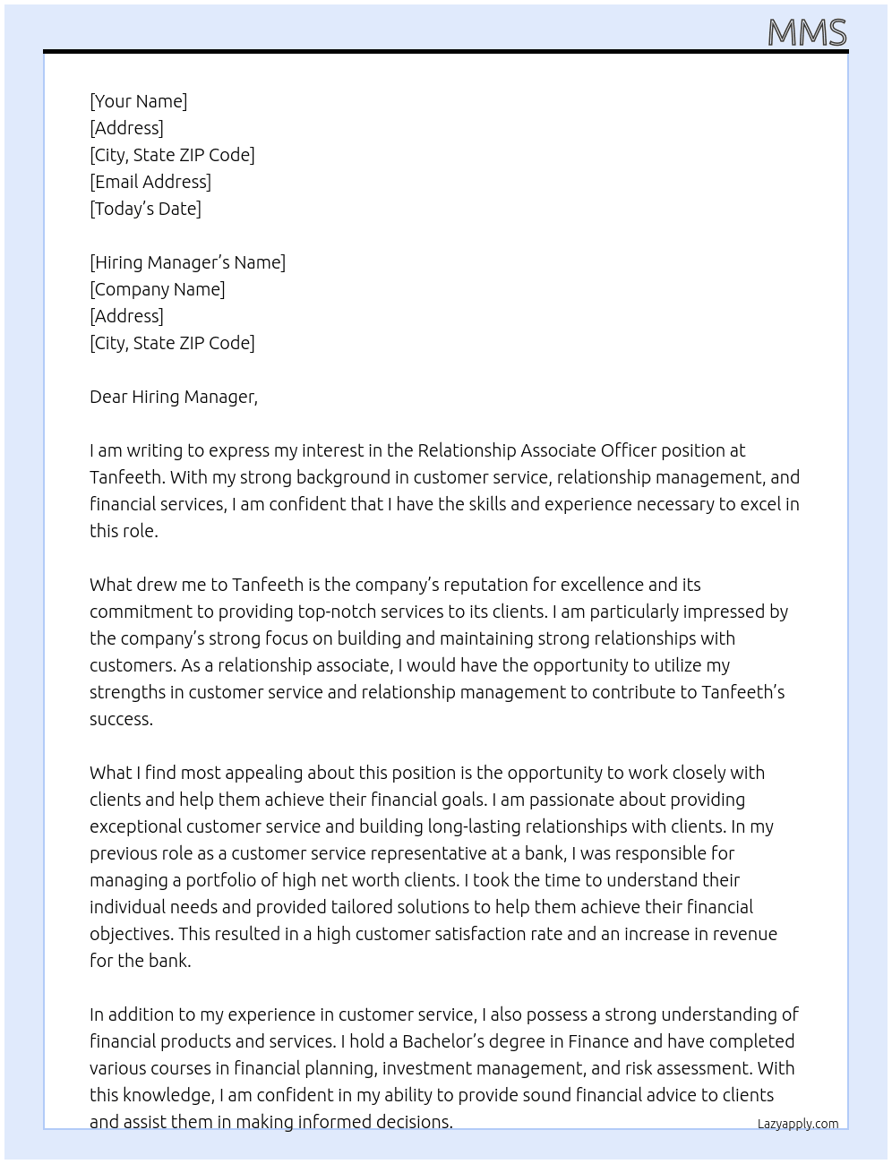 Relationship Associate Officer At Tanfeeth Cover Letter