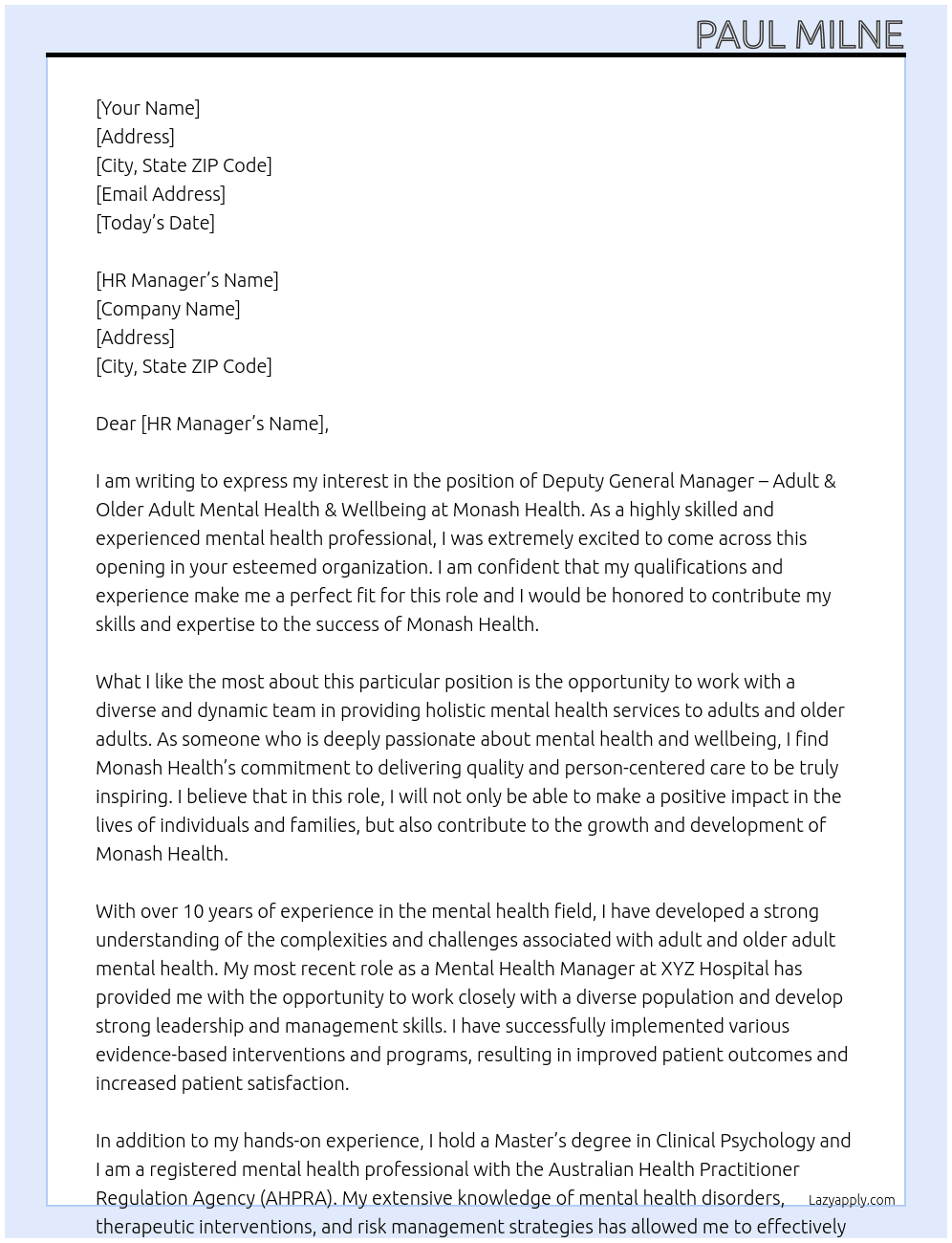 Deputy General Manager - Adult & Older Adult Mental Health & Wellbeing At Monash Health Cover Letter
