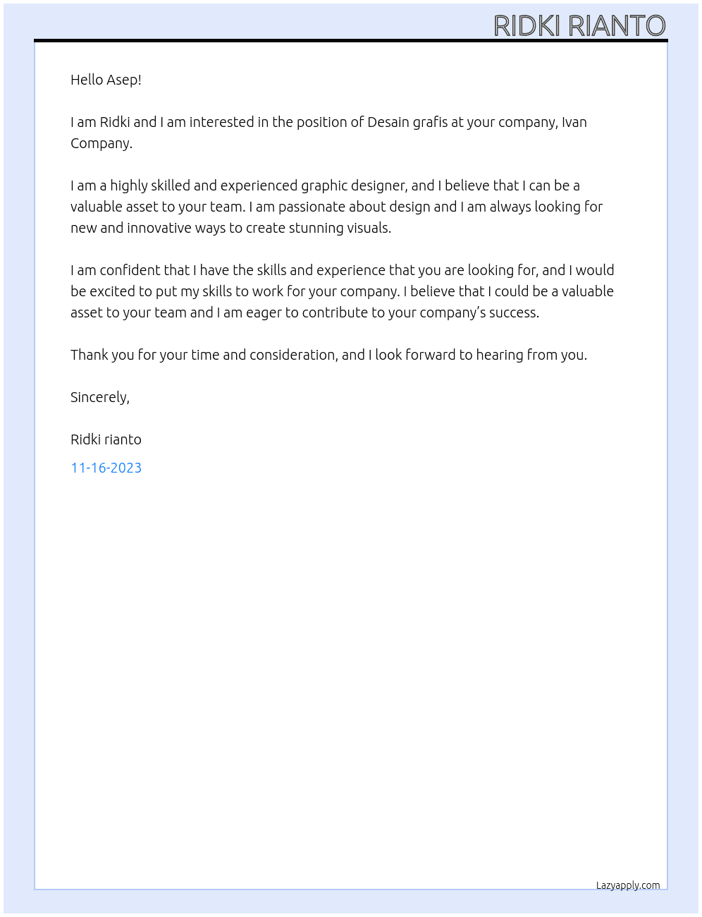 Desain grafis At Ivan Company Cover Letter