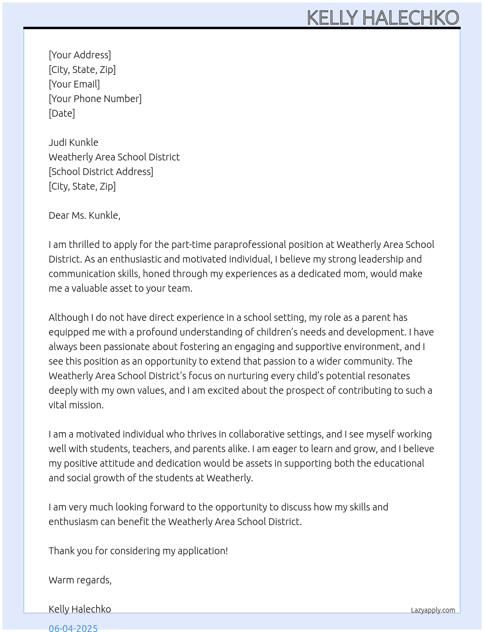 paraprofessional At Weatherly area school district Cover Letter