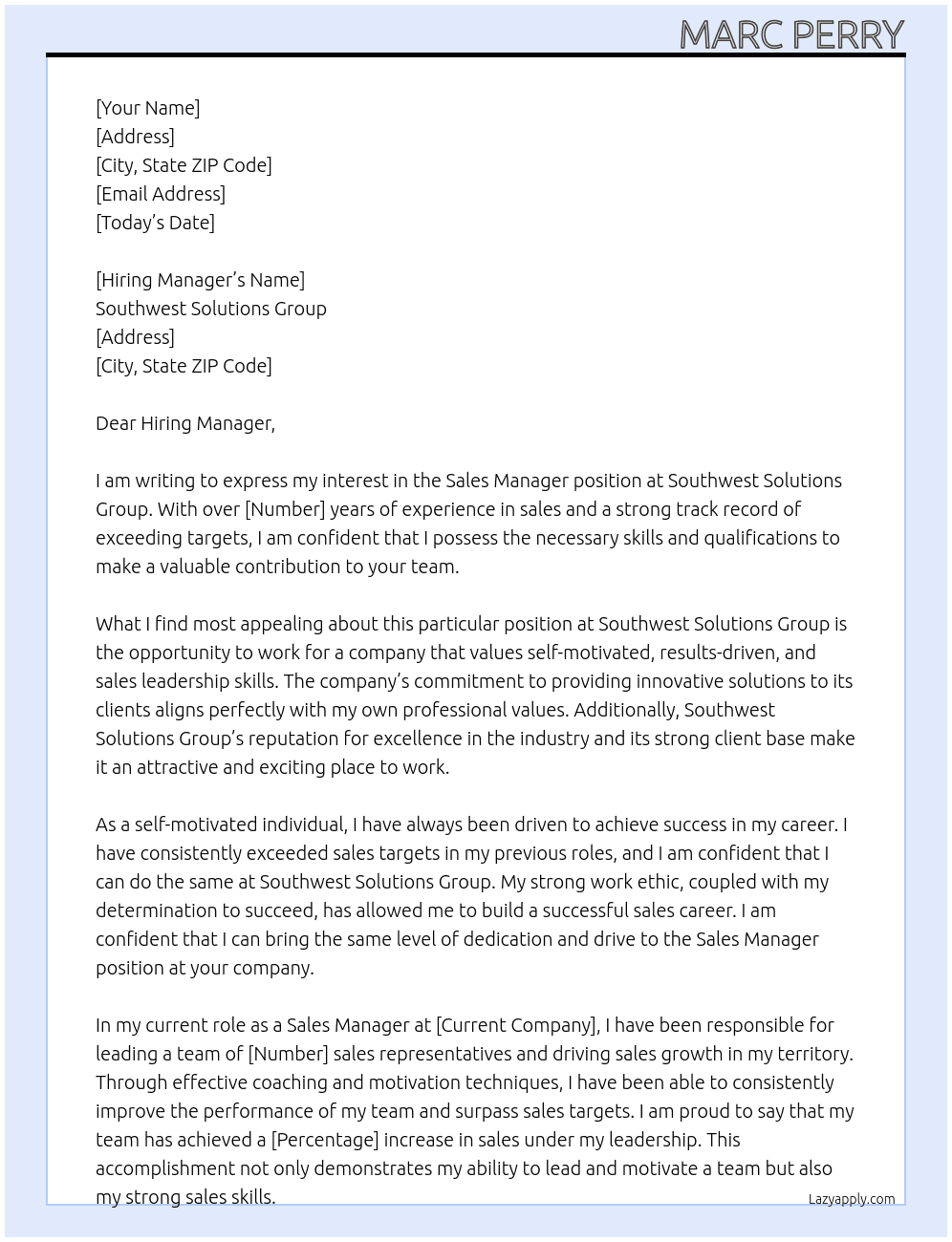 Sales Manager At Southwest Solutions Group Cover Letter