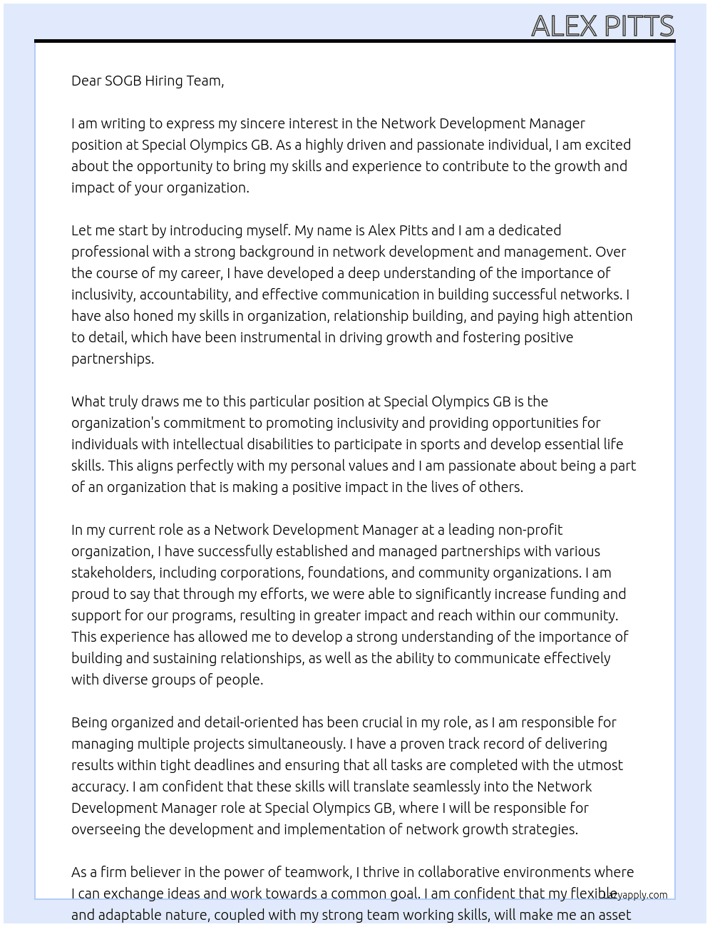 Network Development Manager At Special Olympics GB Cover Letter