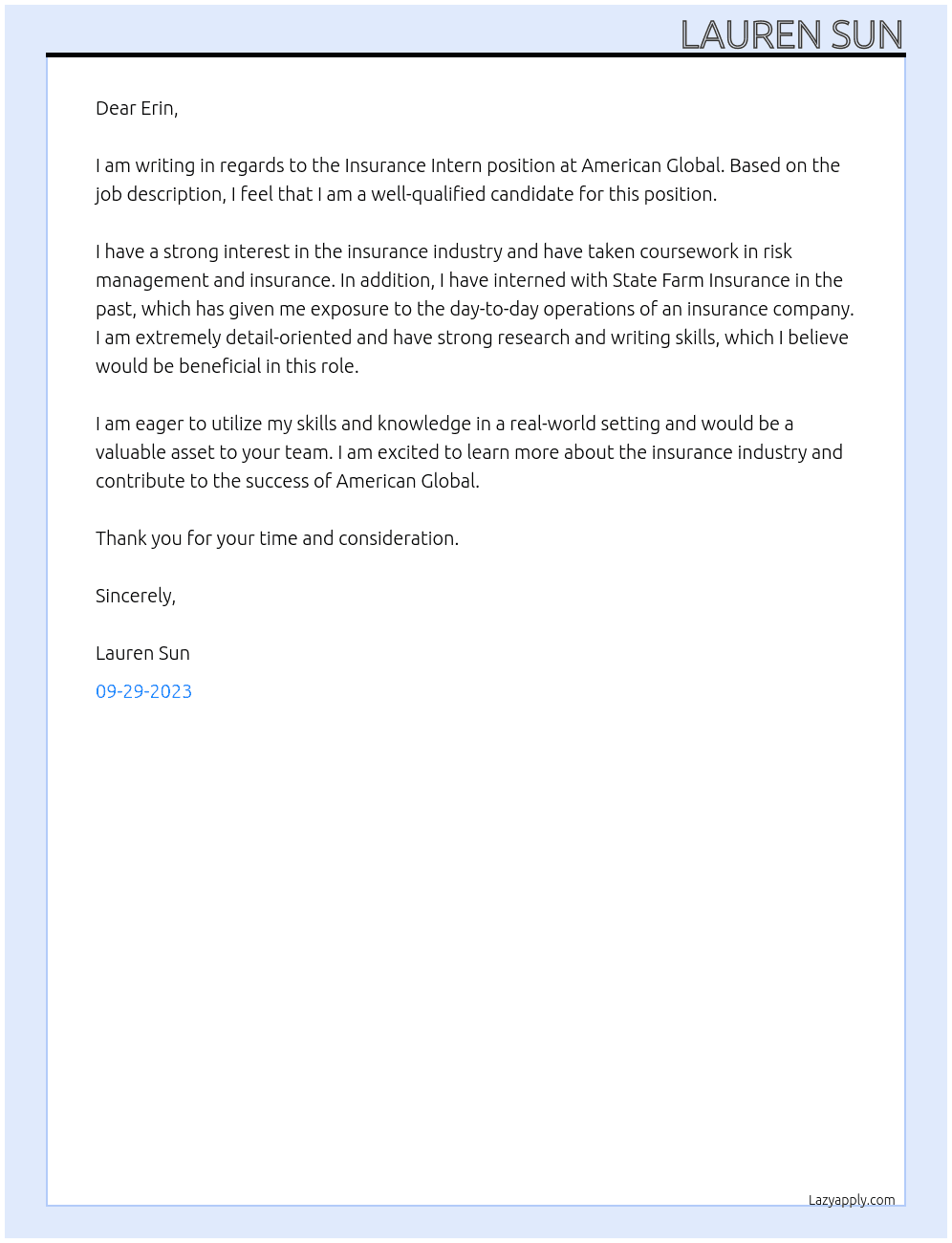 Insurance INtern At  American Global Cover Letter