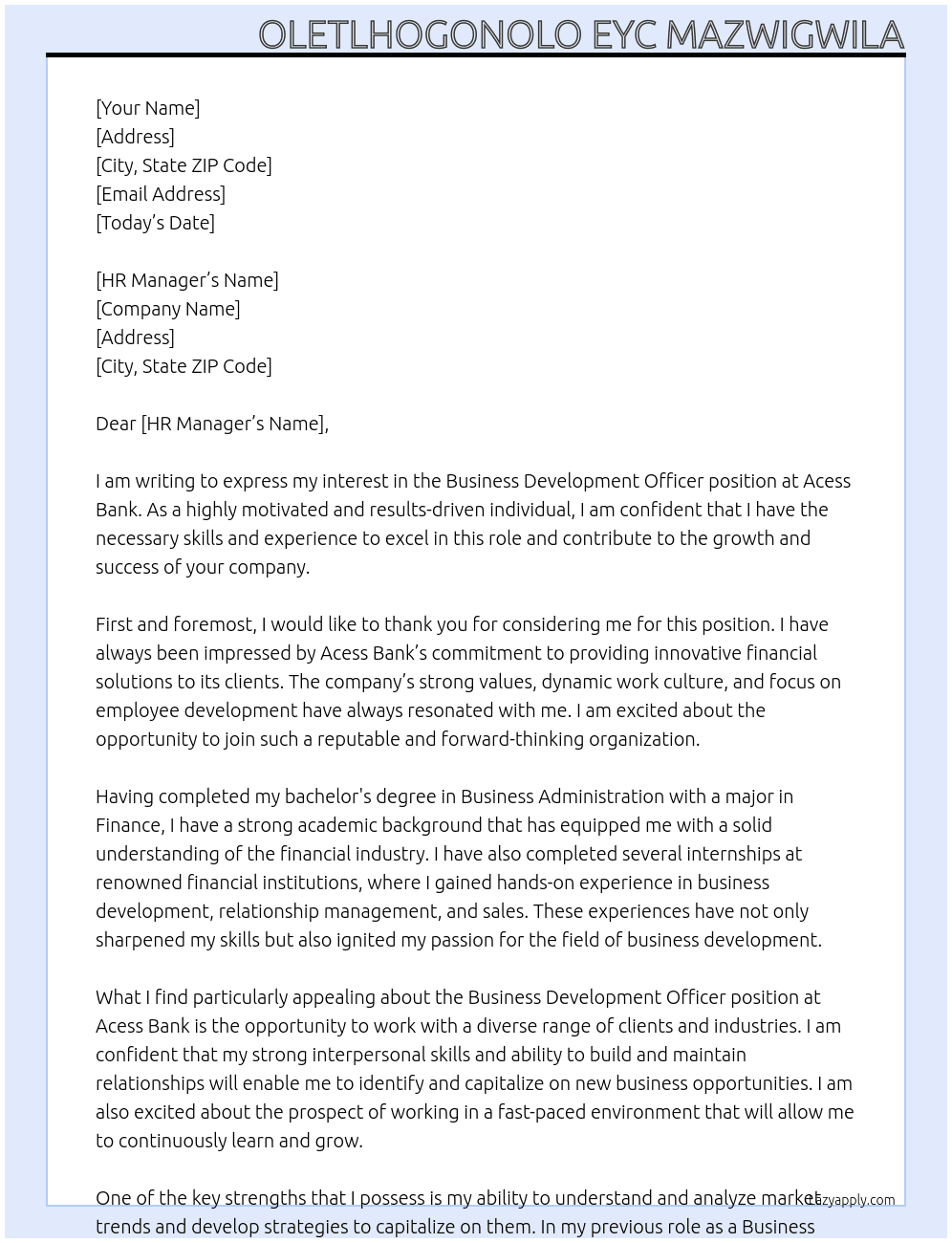 Business Development Officer  At Acess Bank  Cover Letter