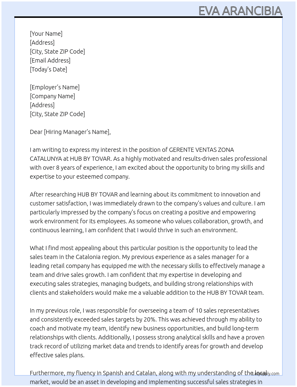 GERENTE VENTAS ZONA CATALUNYA At HUB BY TOVAR Cover Letter