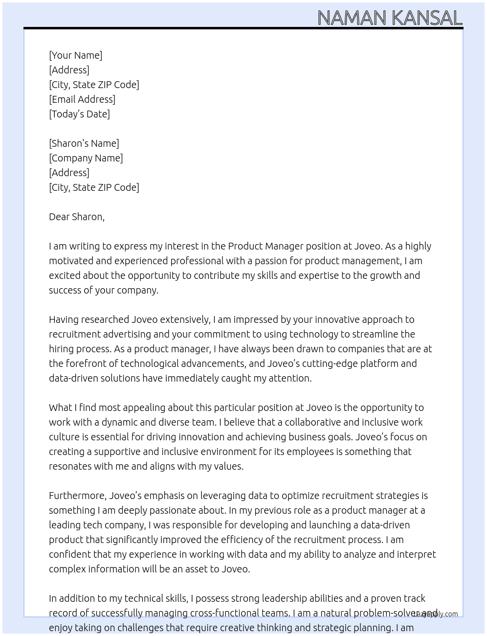 Product Manager At Joveo Cover Letter