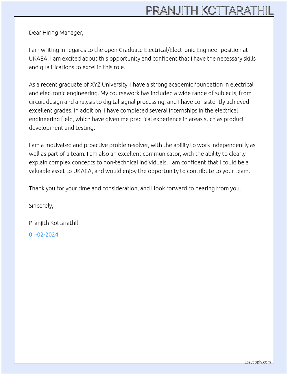 Graduate Electrical/Electronic Engineer At UKAEA Cover Letter