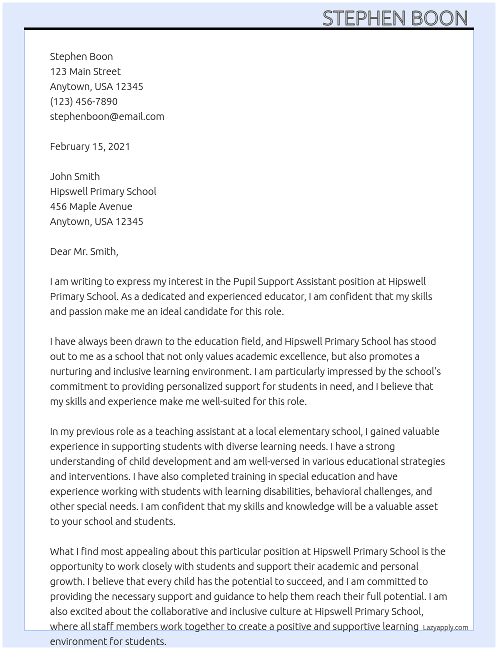 Pupil support assistant  At Hipswell primary school  Cover Letter
