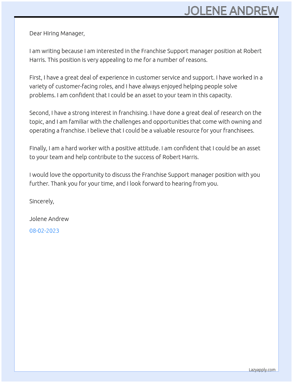 Franchise Support manager At Robert Harris Cover Letter