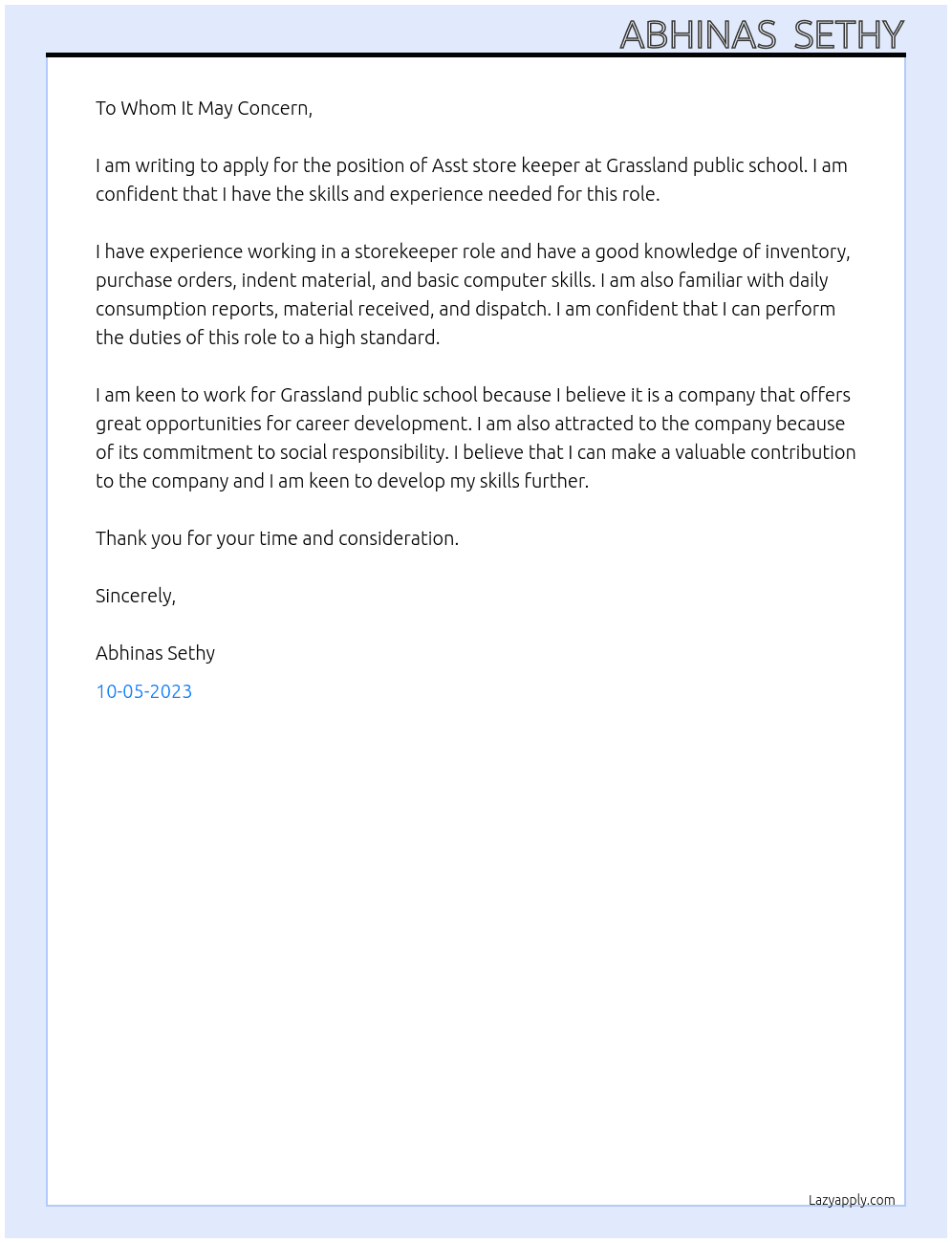 Asst store keeper  At Grassland public school  Cover Letter