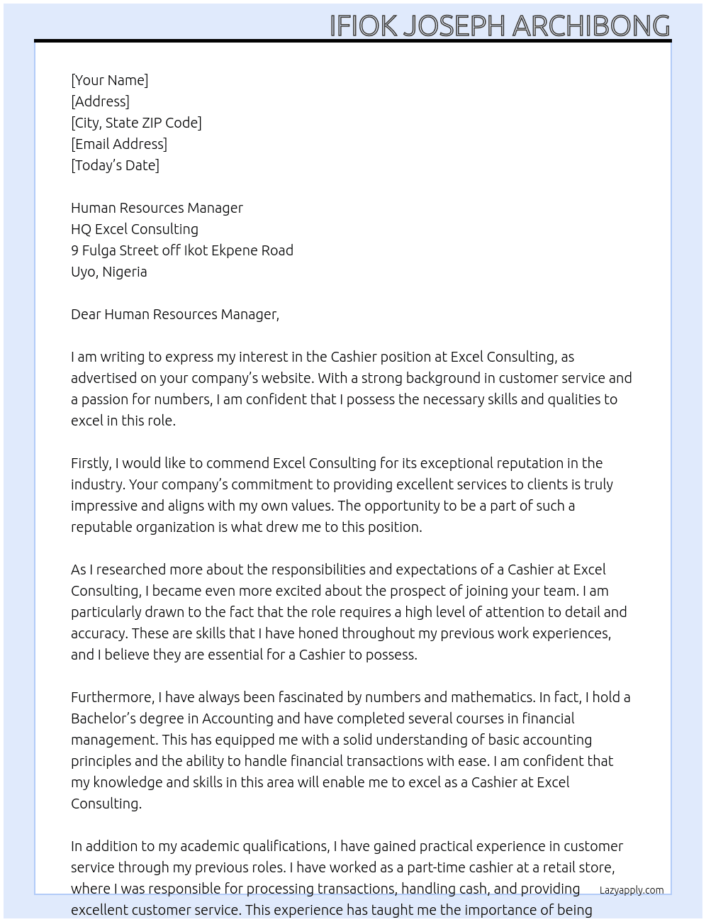 Cashier At Excel consulting Cover Letter