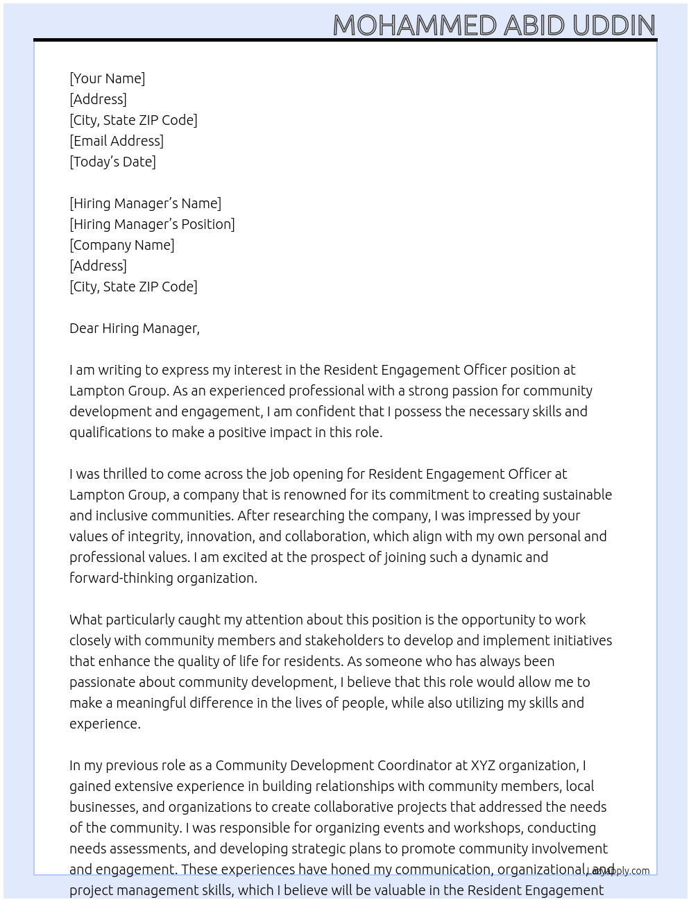 Resident Engagement officer At Lampton Group  Cover Letter