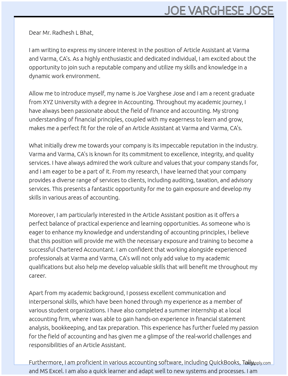Article Assistant  At Varma and Varma, CA's Cover Letter