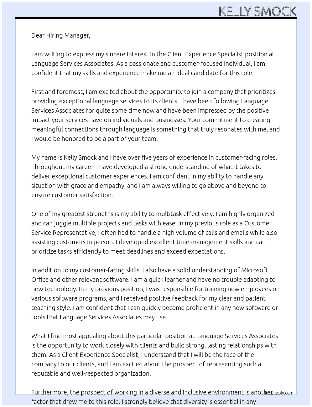 Client Experience Specialist At Language Services Associates Cover Letter