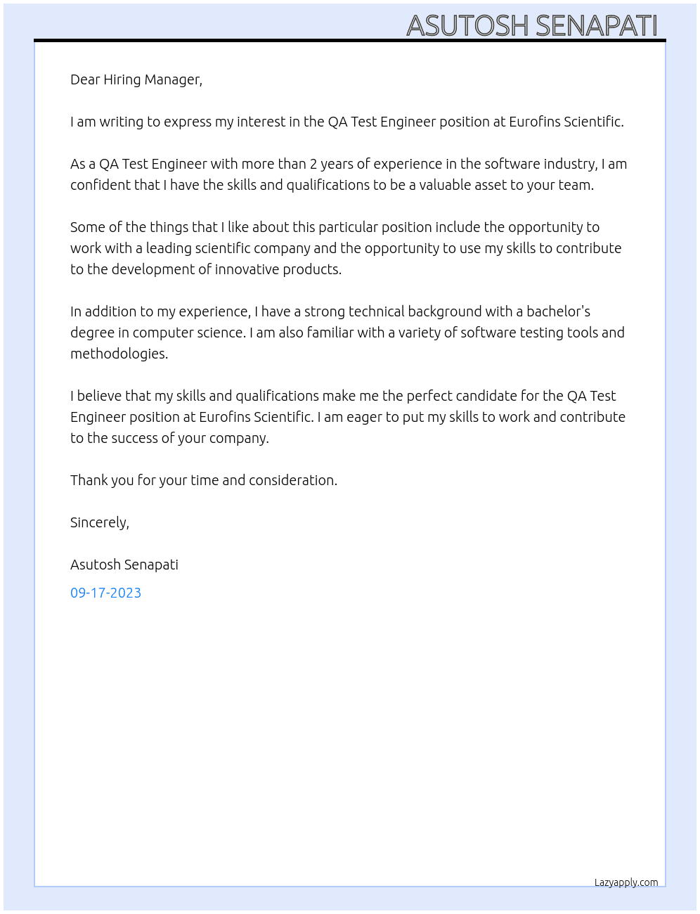 QA Test Engineer At Eurofins Scientific Cover Letter