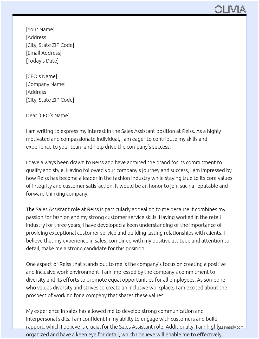 sales assitant At reiss Cover Letter