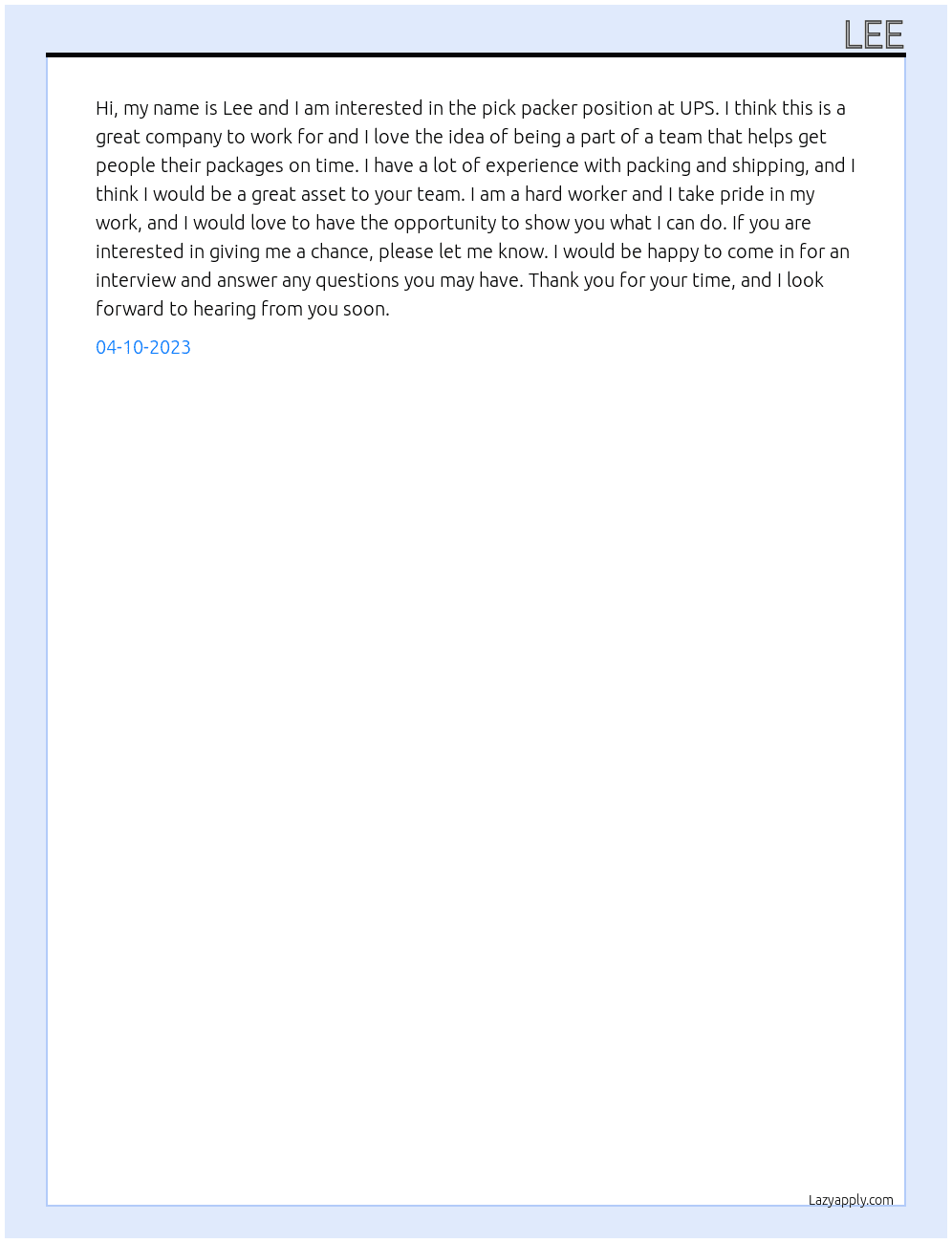 pick packer At UPS Cover Letter