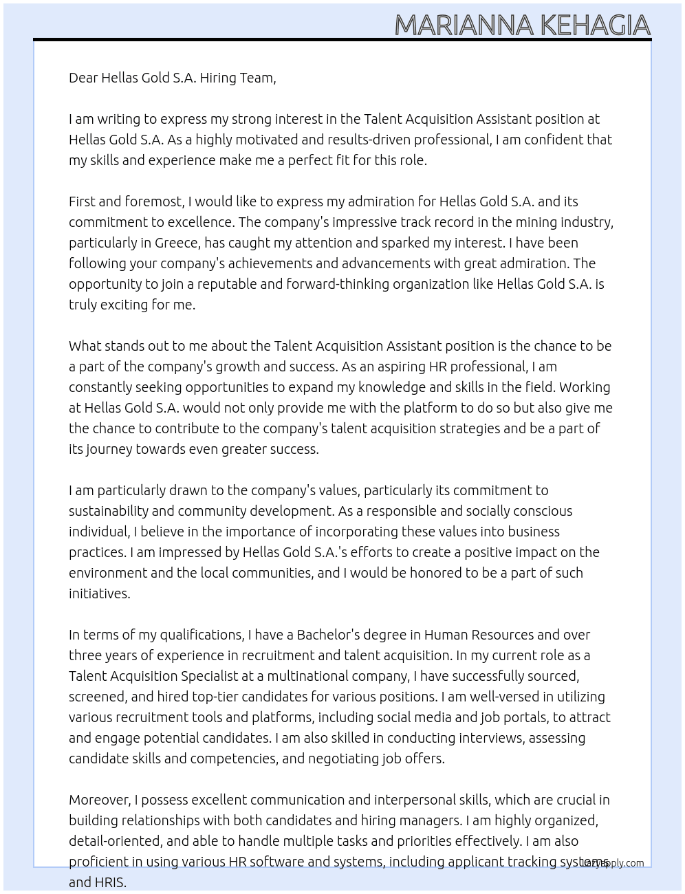 Talent Acquisition Assistant At Hellas Gold S.A. Cover Letter