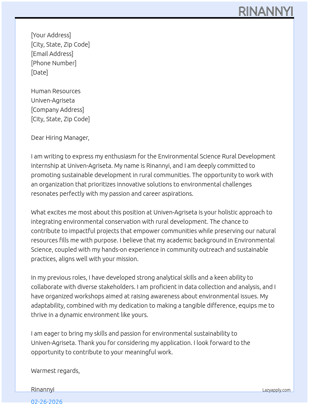 Environmental Science Rural development internship  At Univen-Agriseta Cover Letter