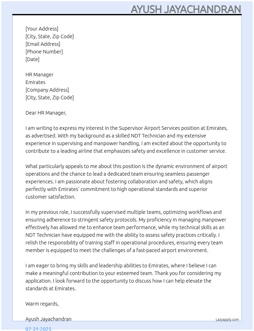 Cover letter for supervisor airport services - LazyApply
