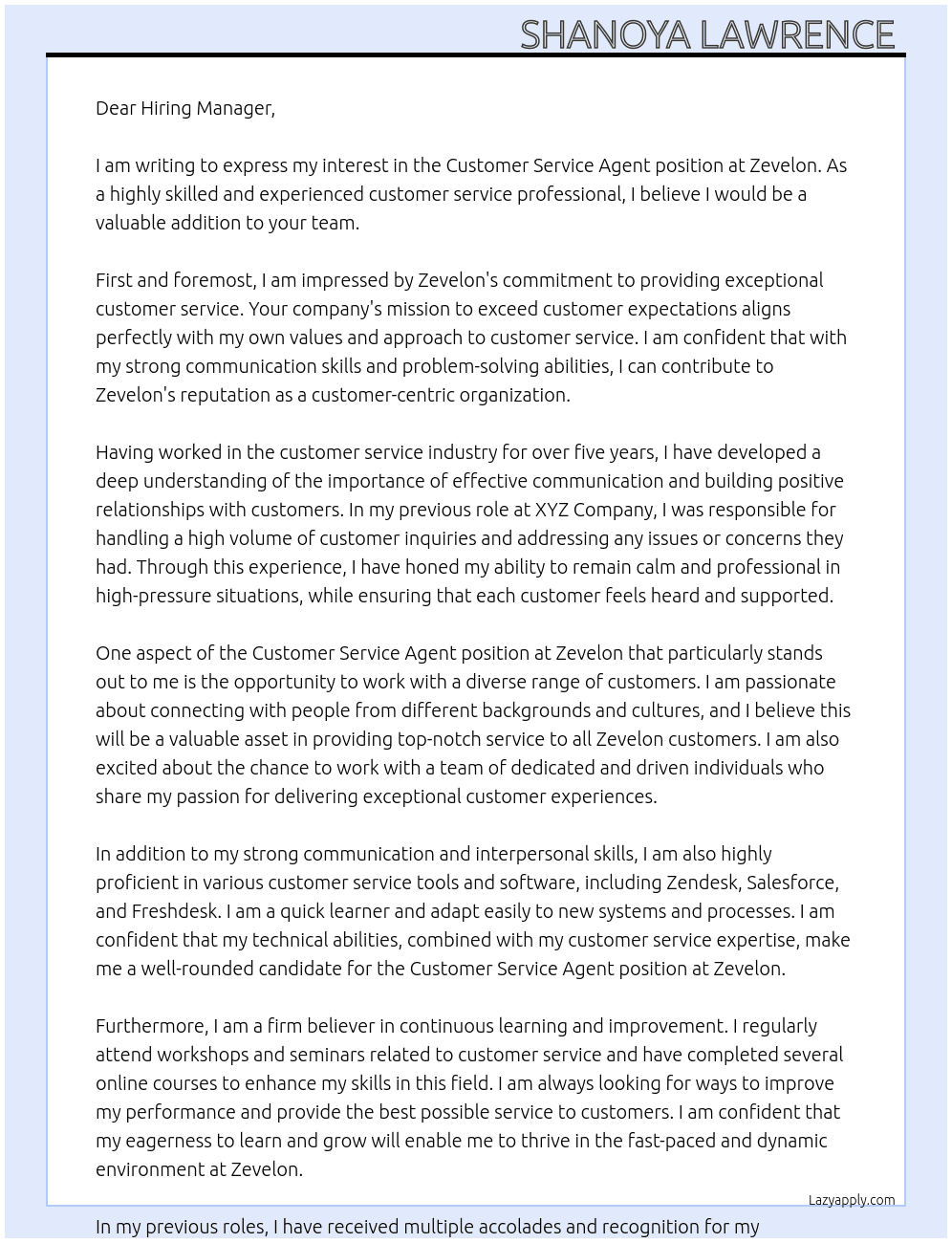 Customer service agent At Zevelon Cover Letter