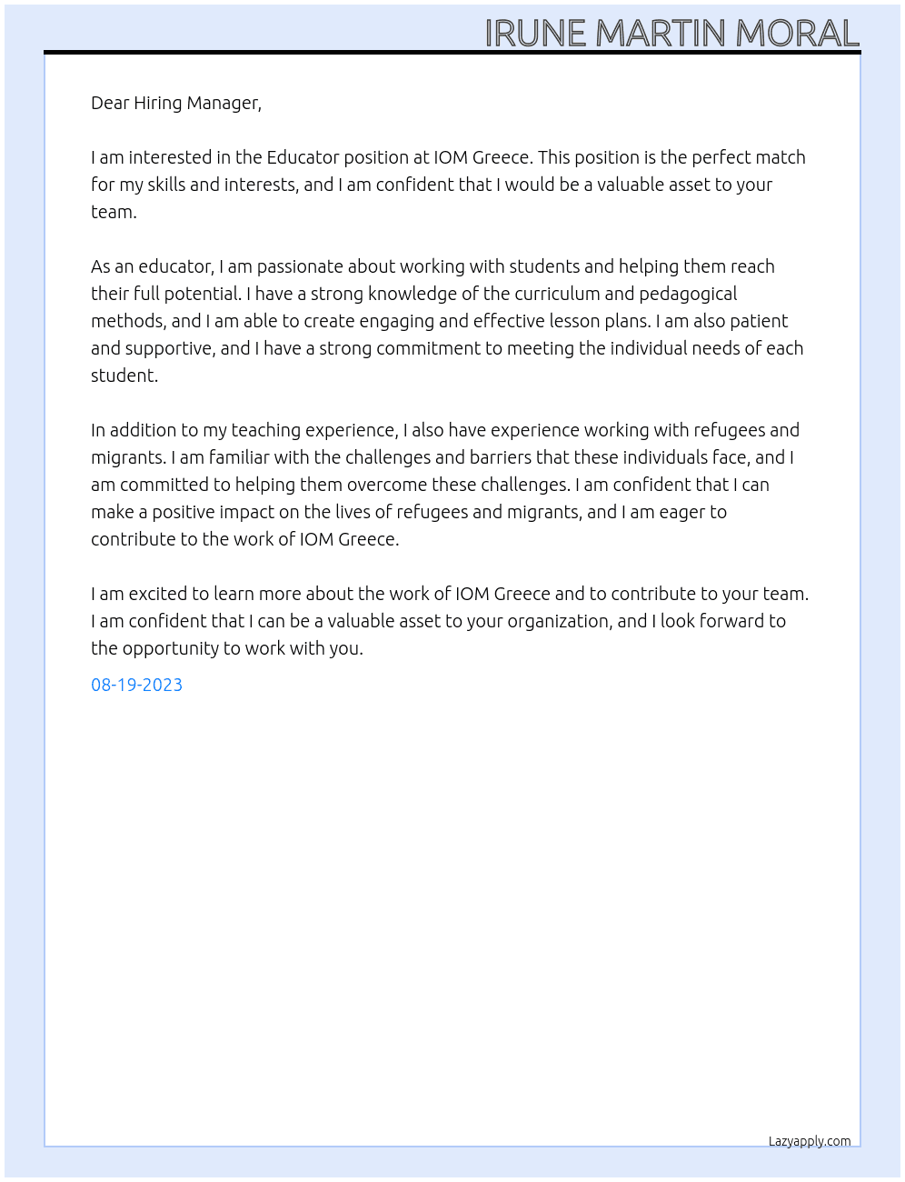 Educator At IOM Greece Cover Letter