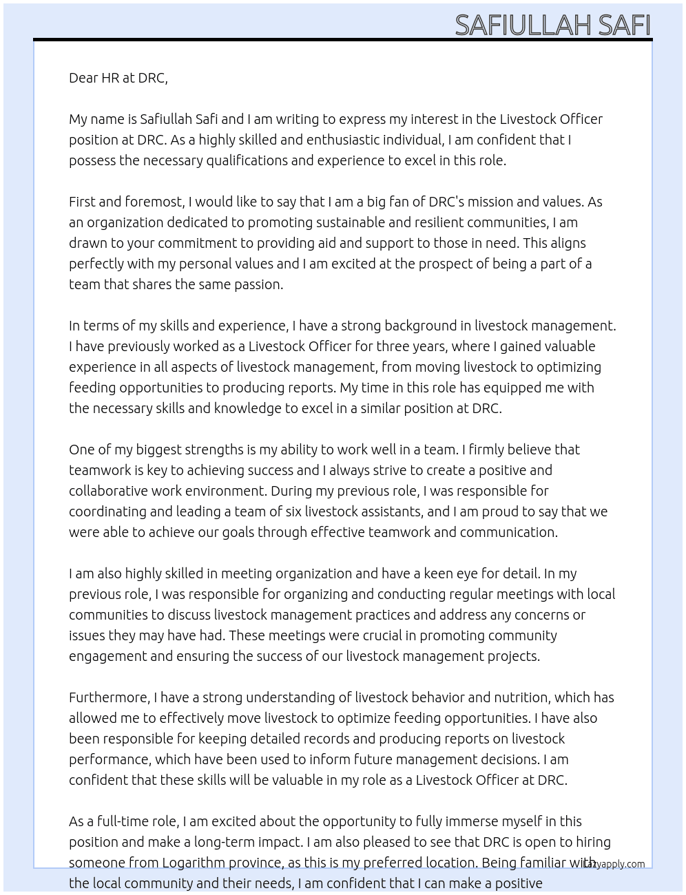 Livestock Officer At DRC Cover Letter