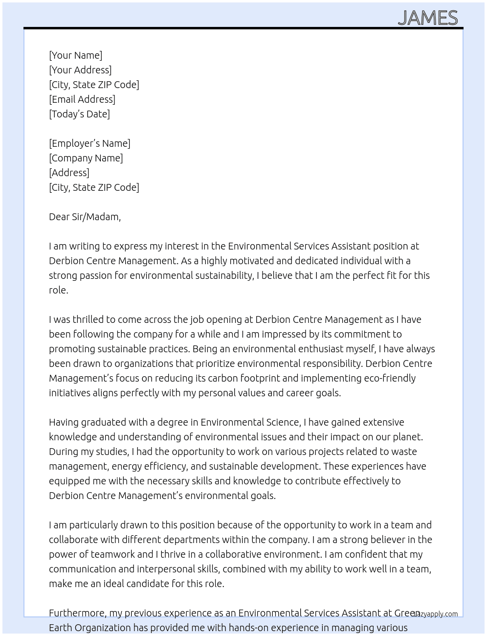 Environmental Services Assistant At Derbion Centre Management Cover Letter