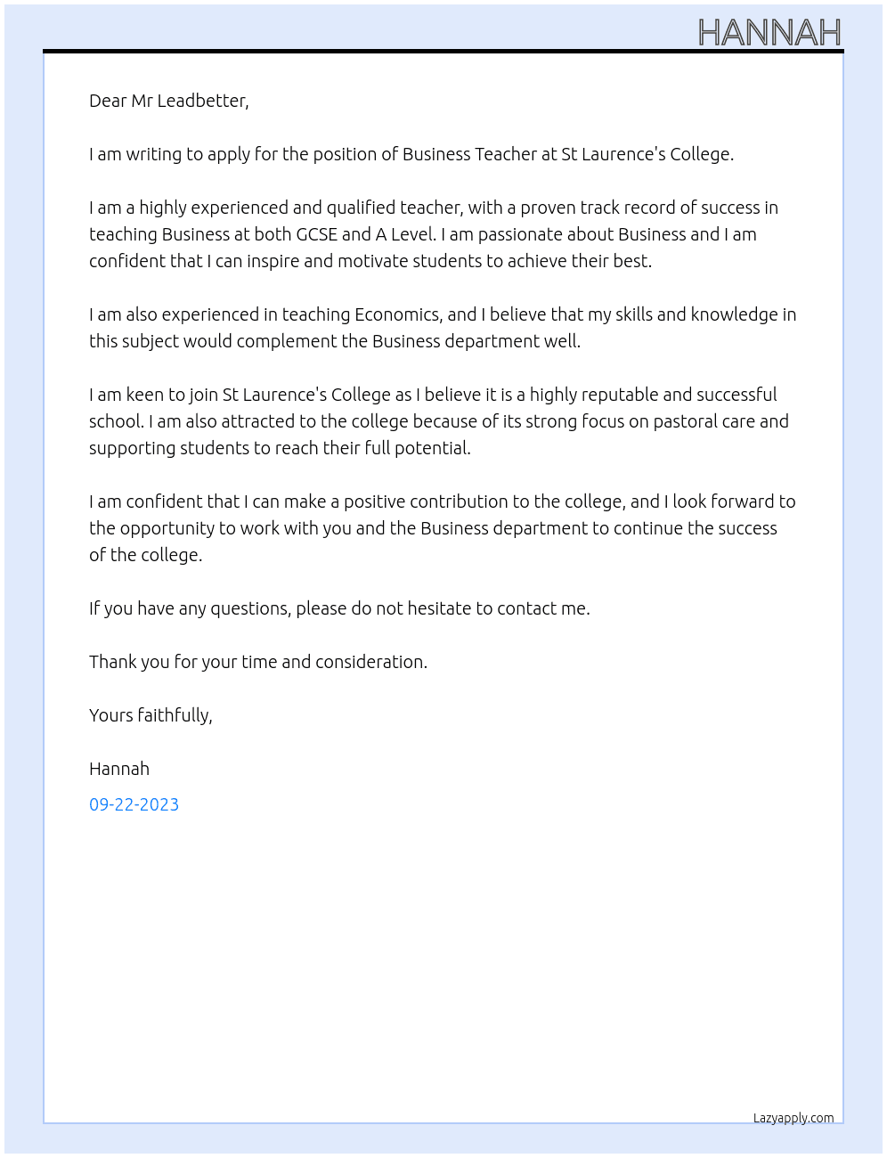 Business Teacher At St Laurence's College Cover Letter