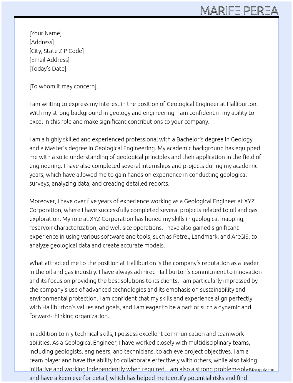 Cover letter for geological engineer - LazyApply