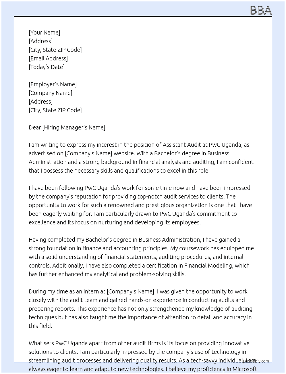Assistant audit  At pwc uganda Cover Letter