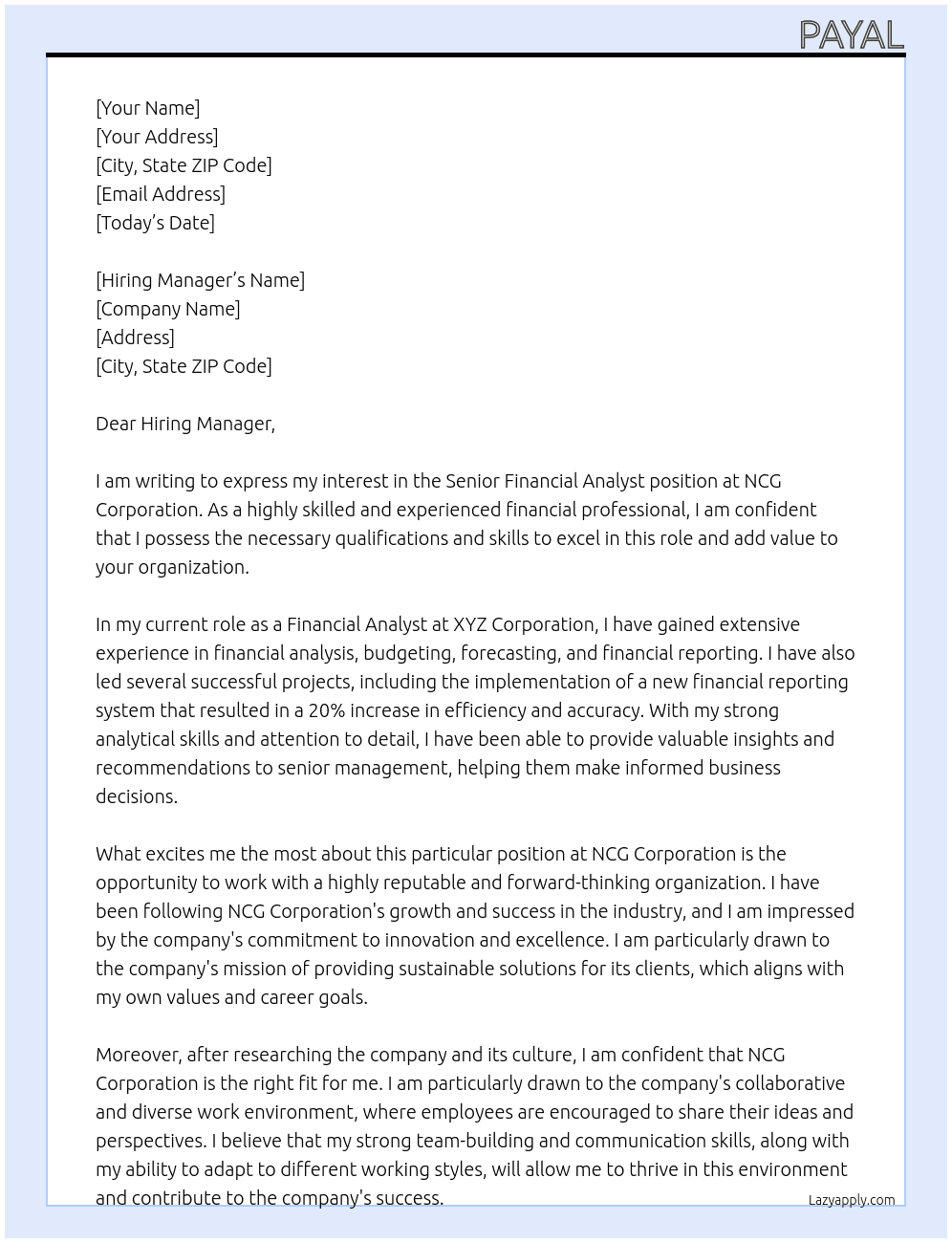 Senior Financial Analyst At NCG Coproration Cover Letter