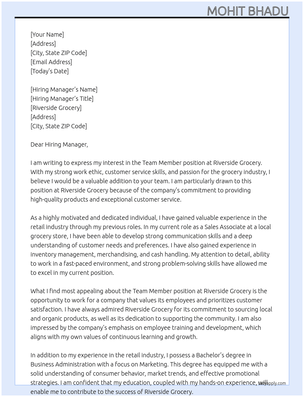 Team Member At Riverside Grocery Cover Letter