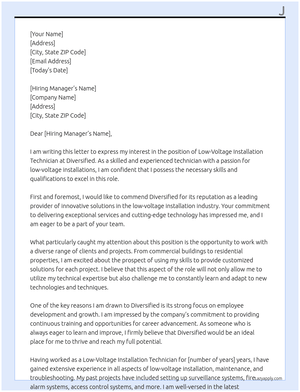 Low-Voltage Installation Technician At Diversified Cover Letter