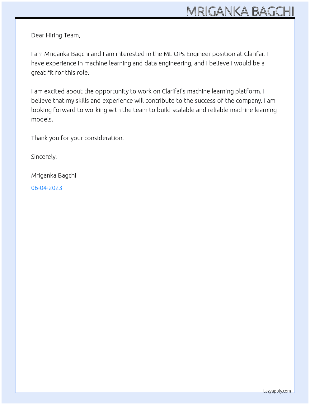 ML OPs Engineer At Clarifai Cover Letter