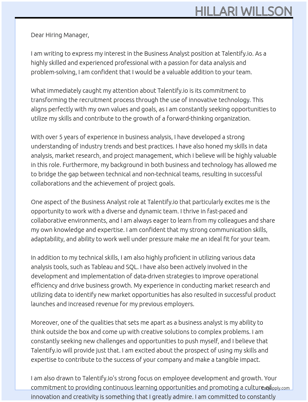 Business Analyst At Talentify.io Cover Letter