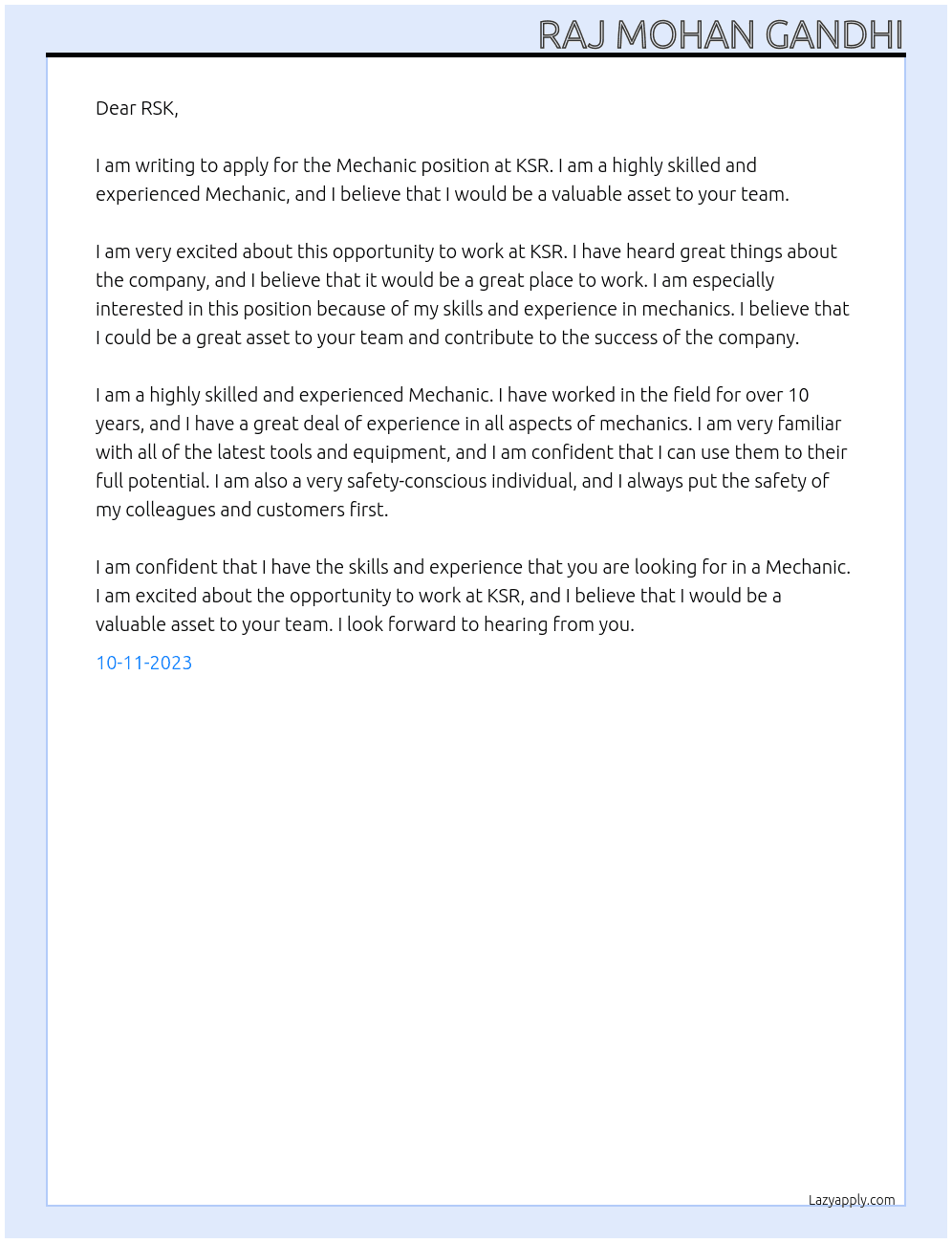Mechanic At KSR Cover Letter