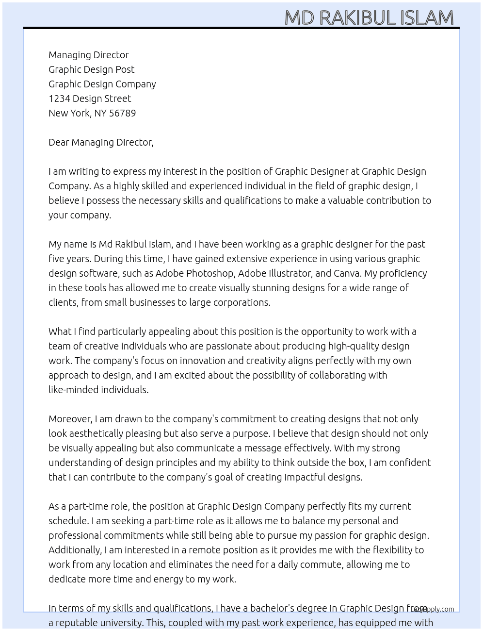 Graphic designer  At Graphic Design post Cover Letter
