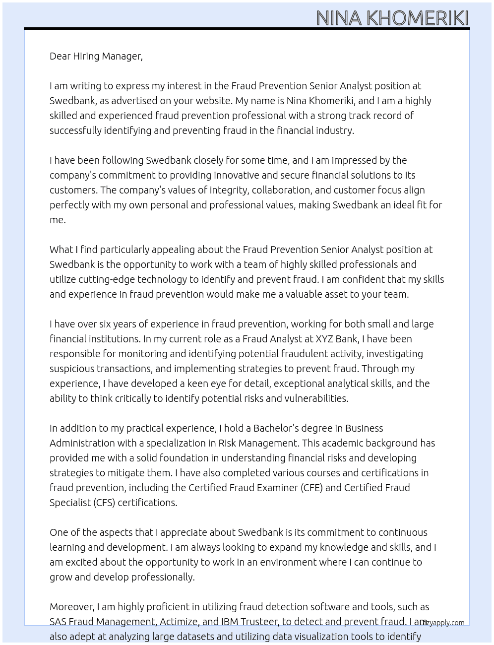Fraud Prevention Senior Analyst At Swedbank  Cover Letter