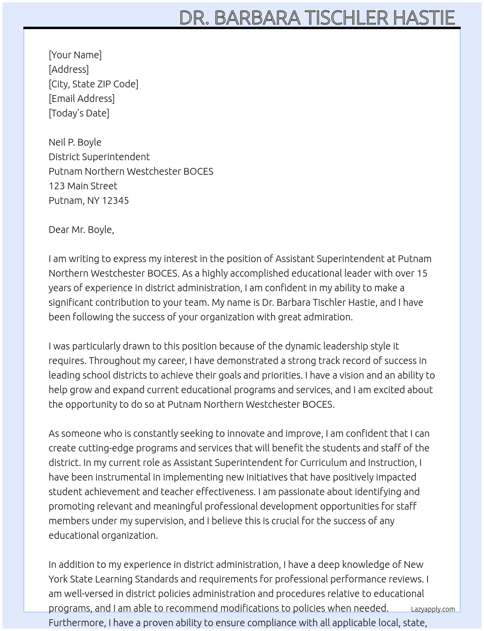 Assistant Superintendent  At Putnam Northern Westchester BOCES Cover Letter