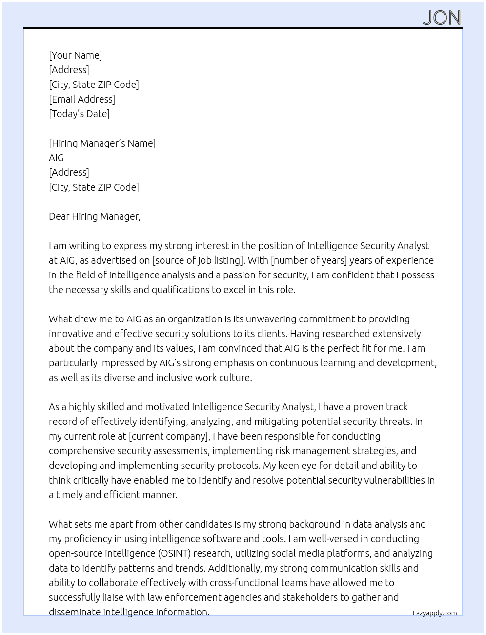 Intelligence Security Analyst At AIG Cover Letter