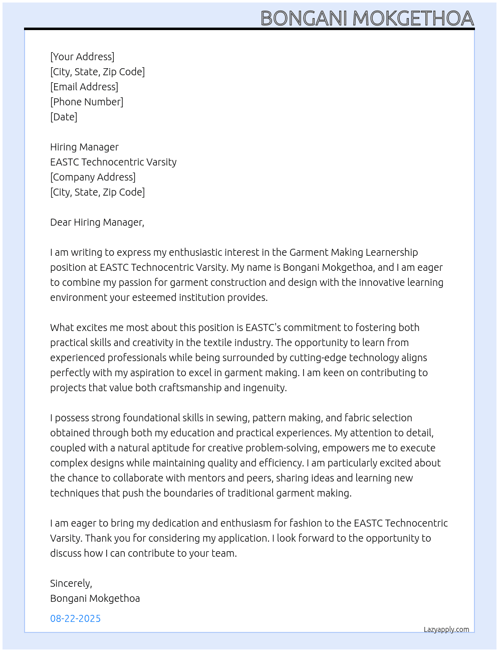 Garment making learnership At EASTC Technnocentric varsity Cover Letter
