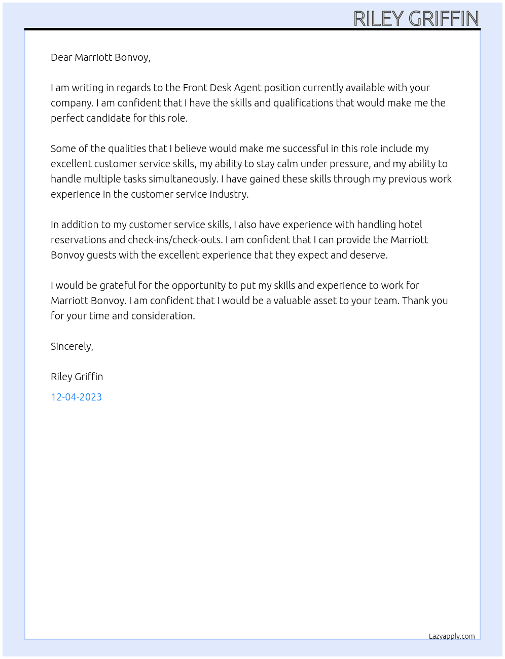 Front Desk Agent At Marriott Bonvoy Cover Letter