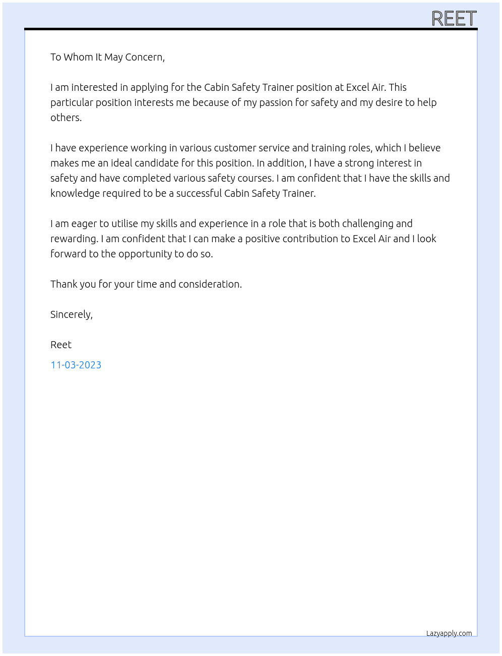 Cabin Safety Trainer  At Excel Air  Cover Letter